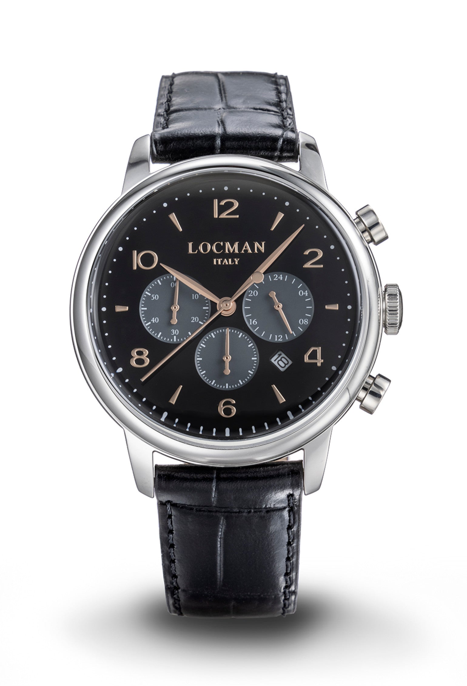 1960U Chronograph 41MM - Steel - Black/Grey-Leather-Black-Applied Markers-Rose Gold