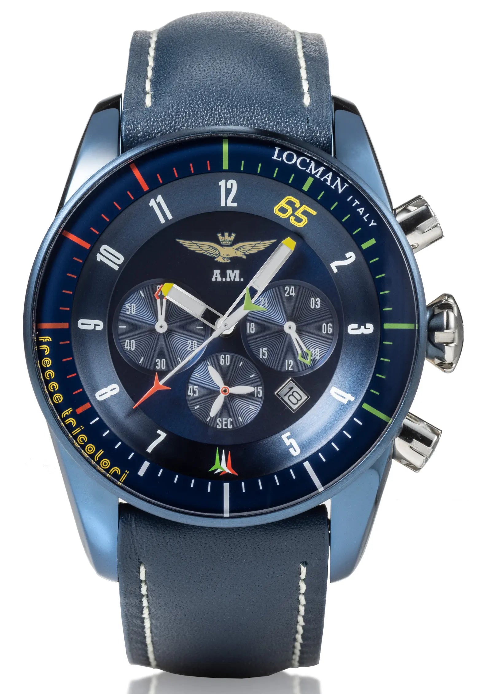 Frecce Cronografo - Acciaio e Titanio PVD Blu - Blu-Pelle Naturale-Blu