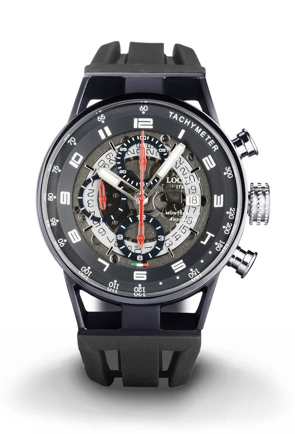 516OH Cronografo Automatico - Acciaio e Titanio PVD Nero - Trasparente-Silicone-Nero-Rosse