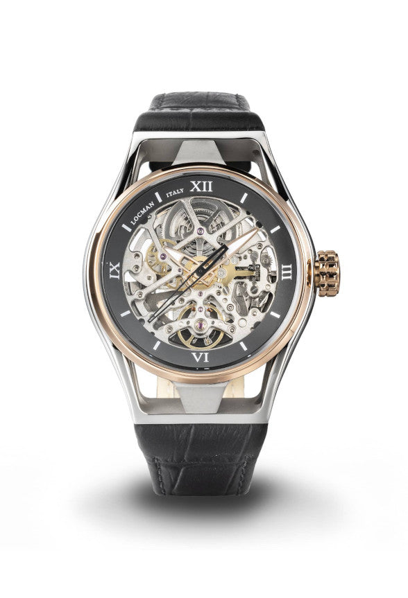 Skeleton Automatico - Acciaio e Titanio PVD Rose Gold - Grigio-Pelle-Nero-Rose Gold