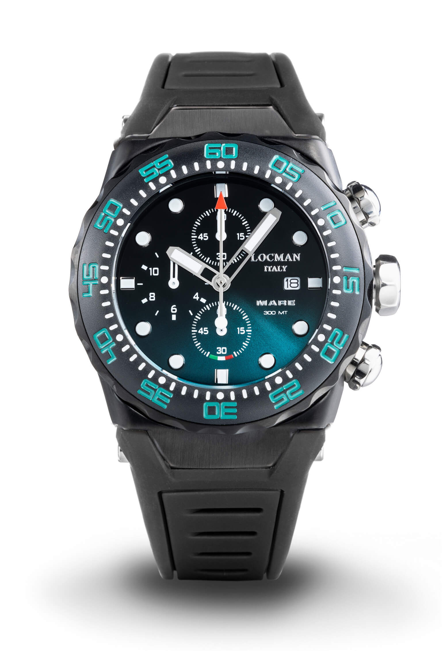 Mare300mt Cronograph - Steel and Blue PVD-Coated Titanium - Petrol Black Gradient—Silicone—Black—Applied Indexes—White