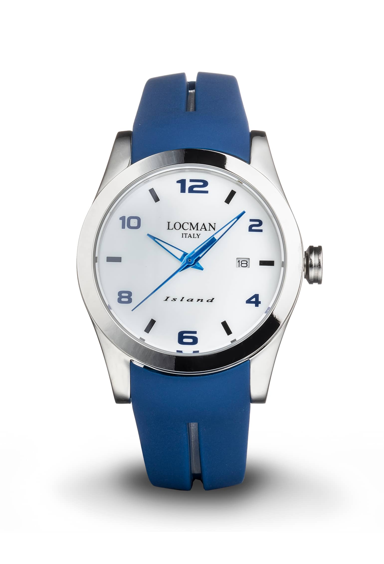 Island Solo Tempo - Acciaio - Bianco-Silicone-Blu-Numeri Arabi e Indici Stampati-Blu