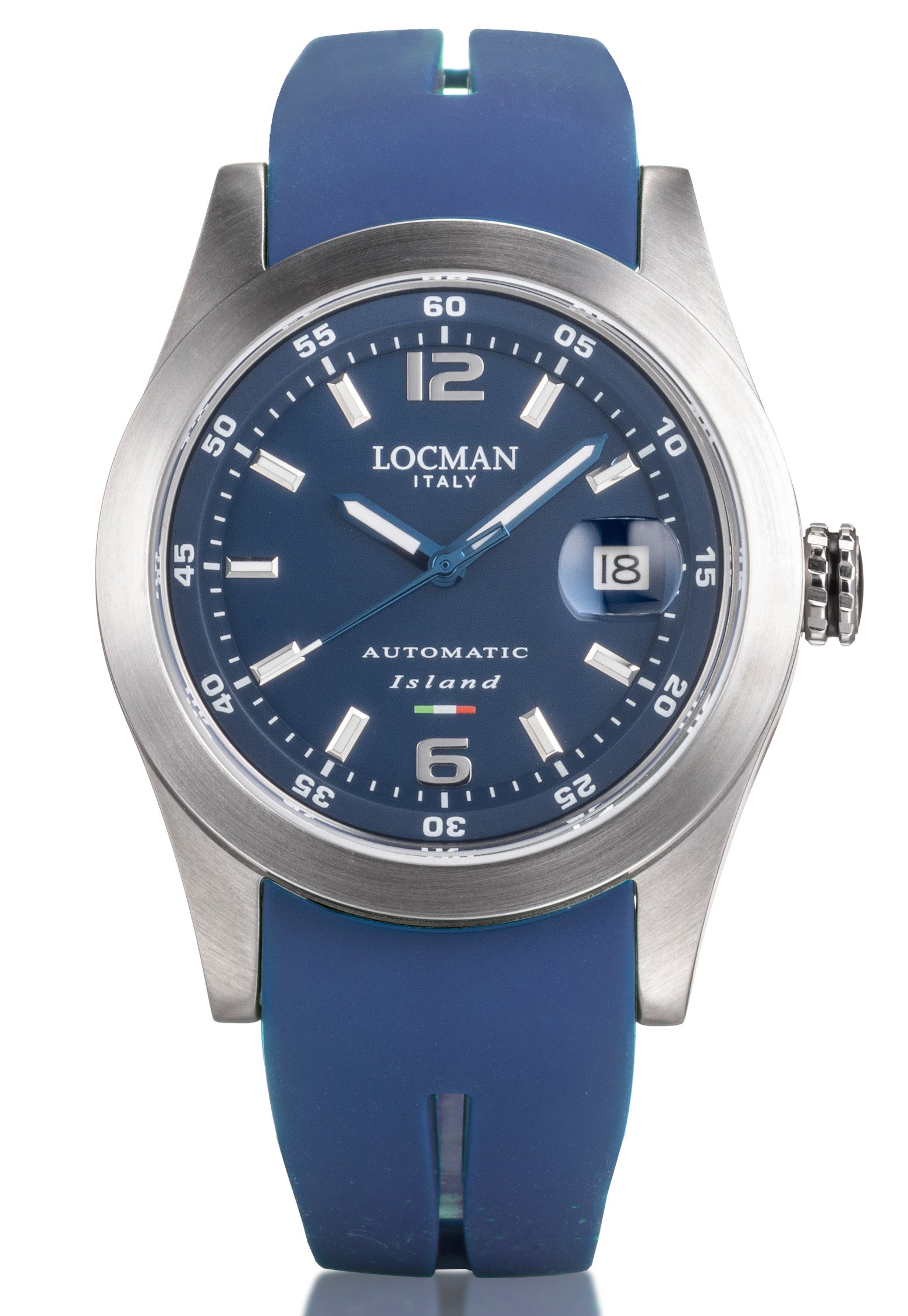 Island Automatico - Acciaio e Titanio - Blu-Silicone-Blu-Numeri Arabi e Indici Stampati-Bianco