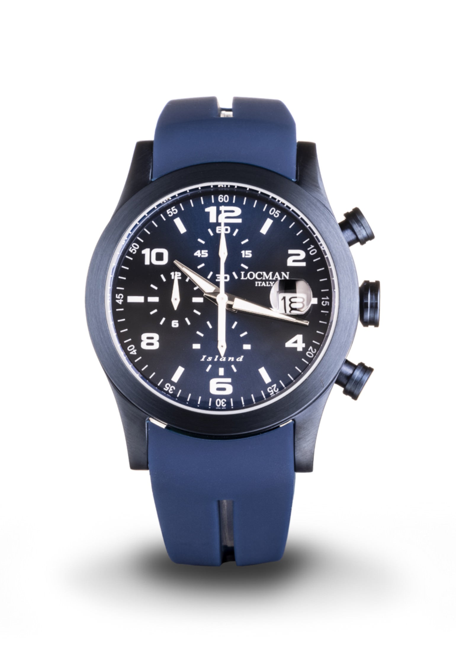 Island Cronografo - Acciaio e Titanio PVD Blu - Blu-Silicone-Blu-Numeri Arabi e Indici Stampati-Bianco
