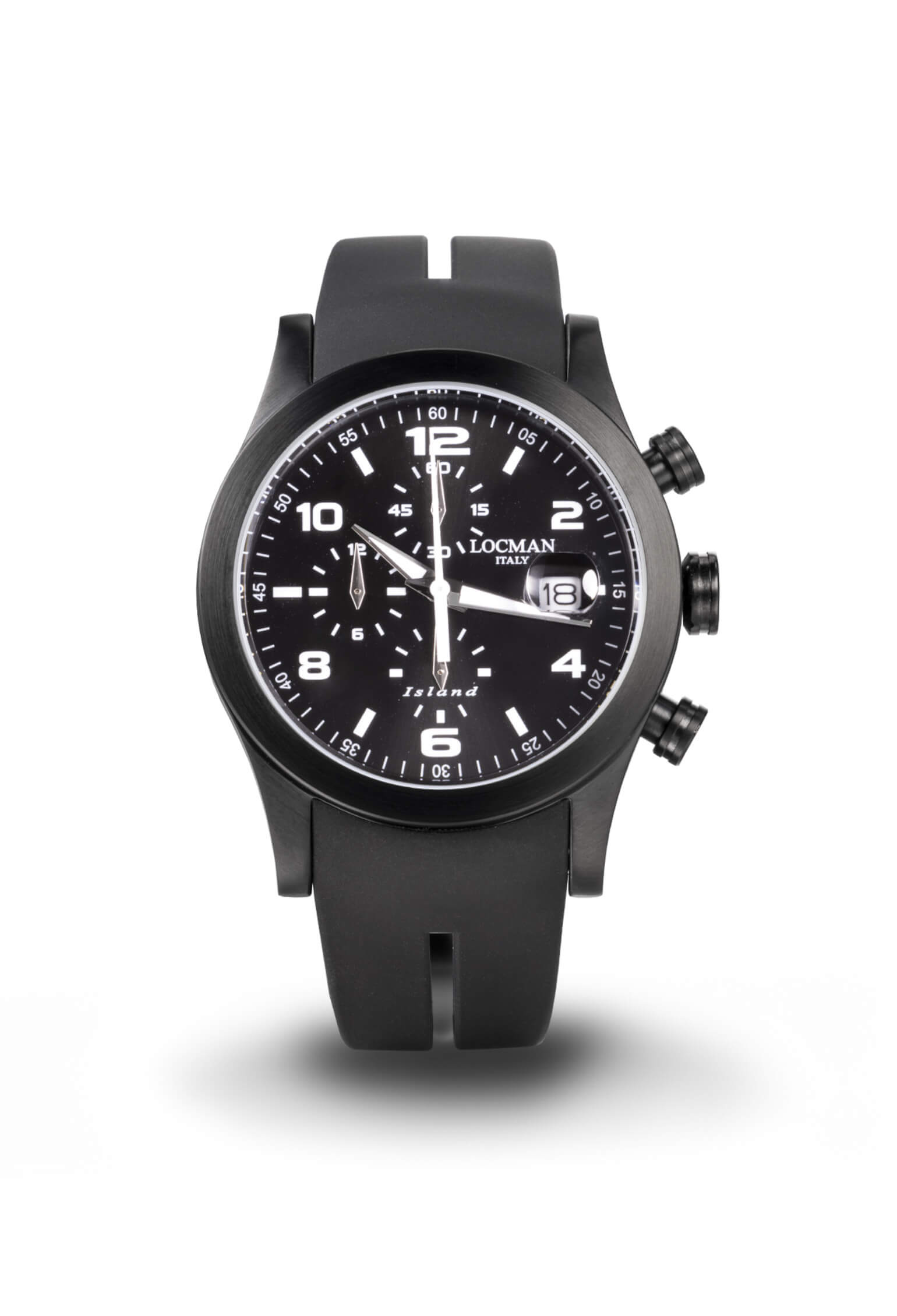 Island Cronografo - Acciaio e Titanio PVD Nero - Nero-Silicone-Nero-Numeri Arabi e Indici Stampati-Bianco
