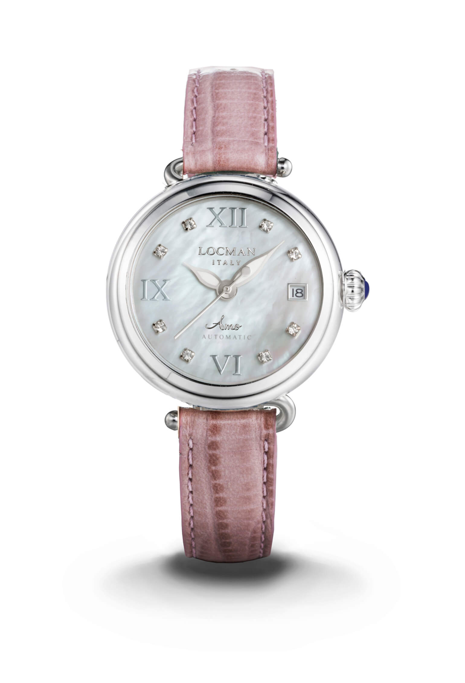 Automatic Amo - Steel and Titanium - Mother-of-pearl, white and pink, with applied diamonds, nickel