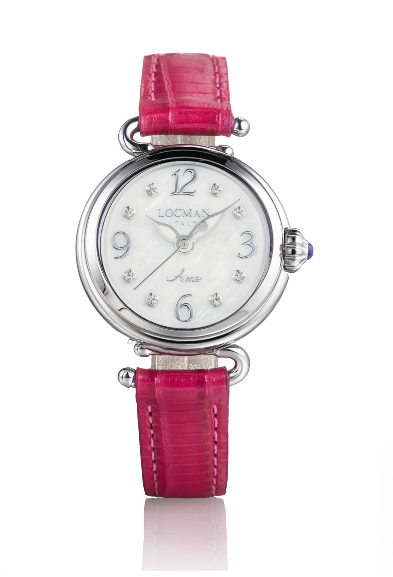 Time-Only Amo - Steel and Titanium - Mother-of-pearl, White and Fuchsia, with applied diamonds, nickel