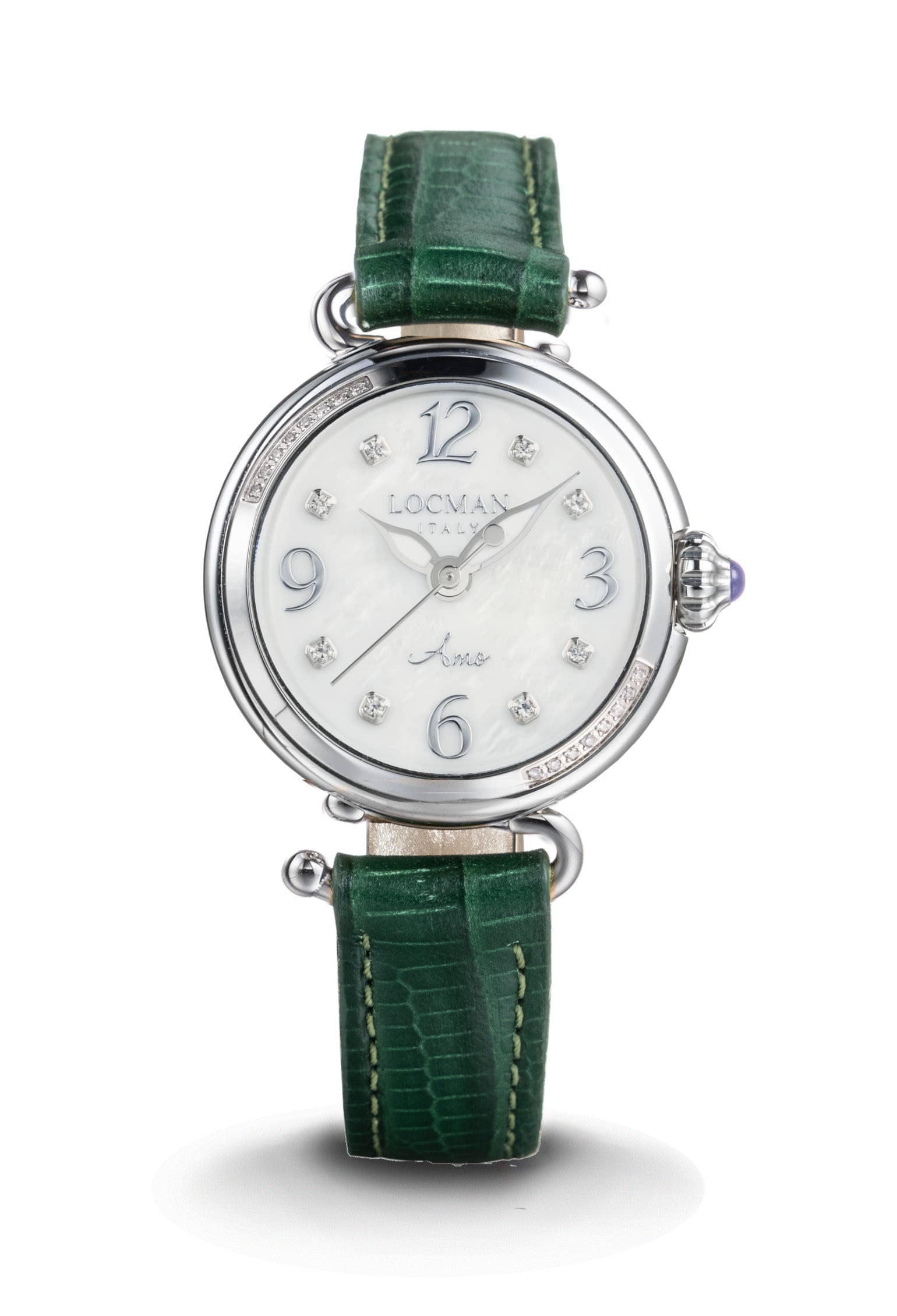 Amo Solo Tempo - Acciaio Titanio e Diamanti - Madreperla Bianco-Verde-Diamanti Applicati-Nichel