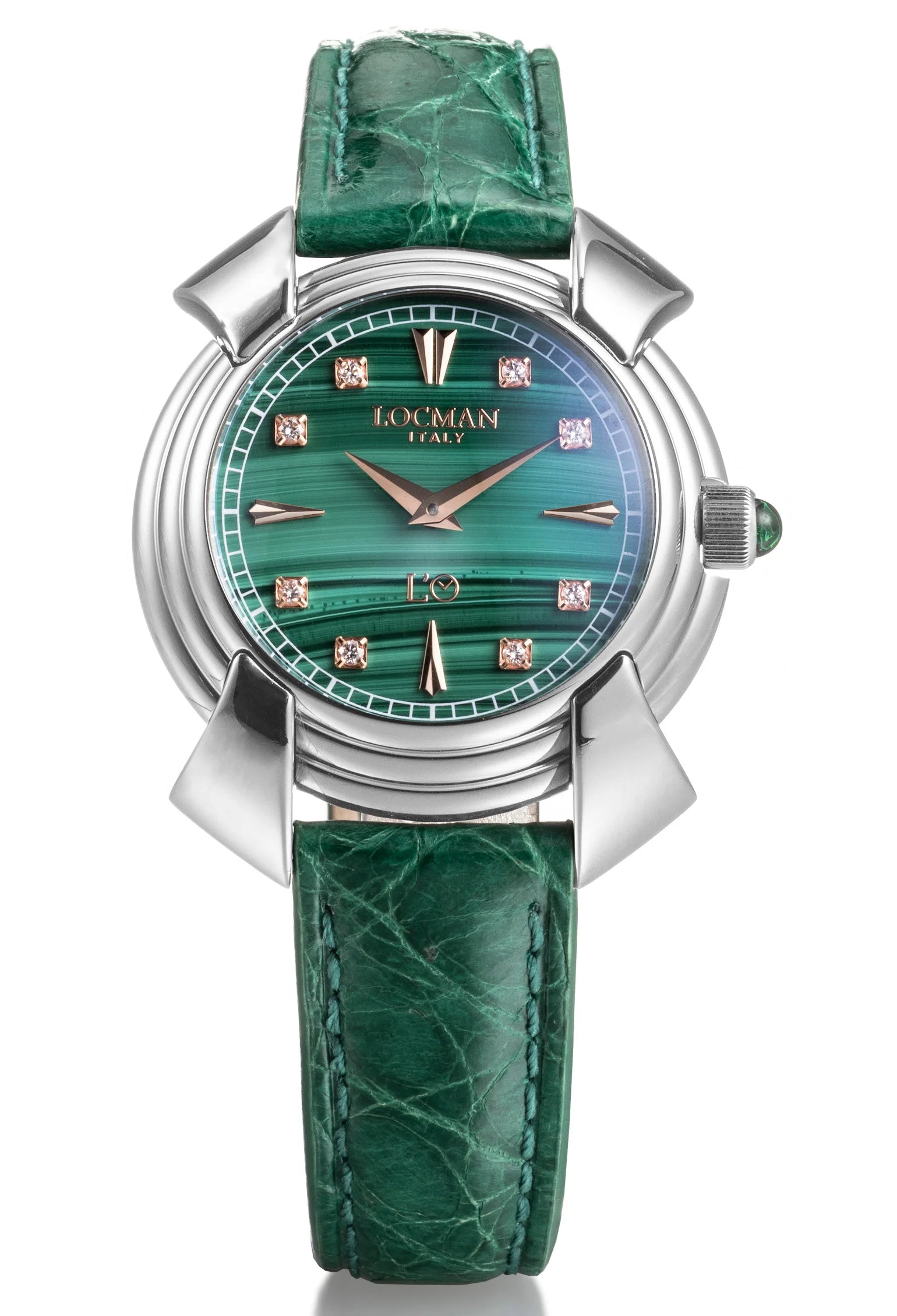 Decimo Ronda Solo Tempo al Quarzo - 35MM - Titanio-Malachite-Alligatore Verde-Indici Rose Gold e Diamanti Applicati