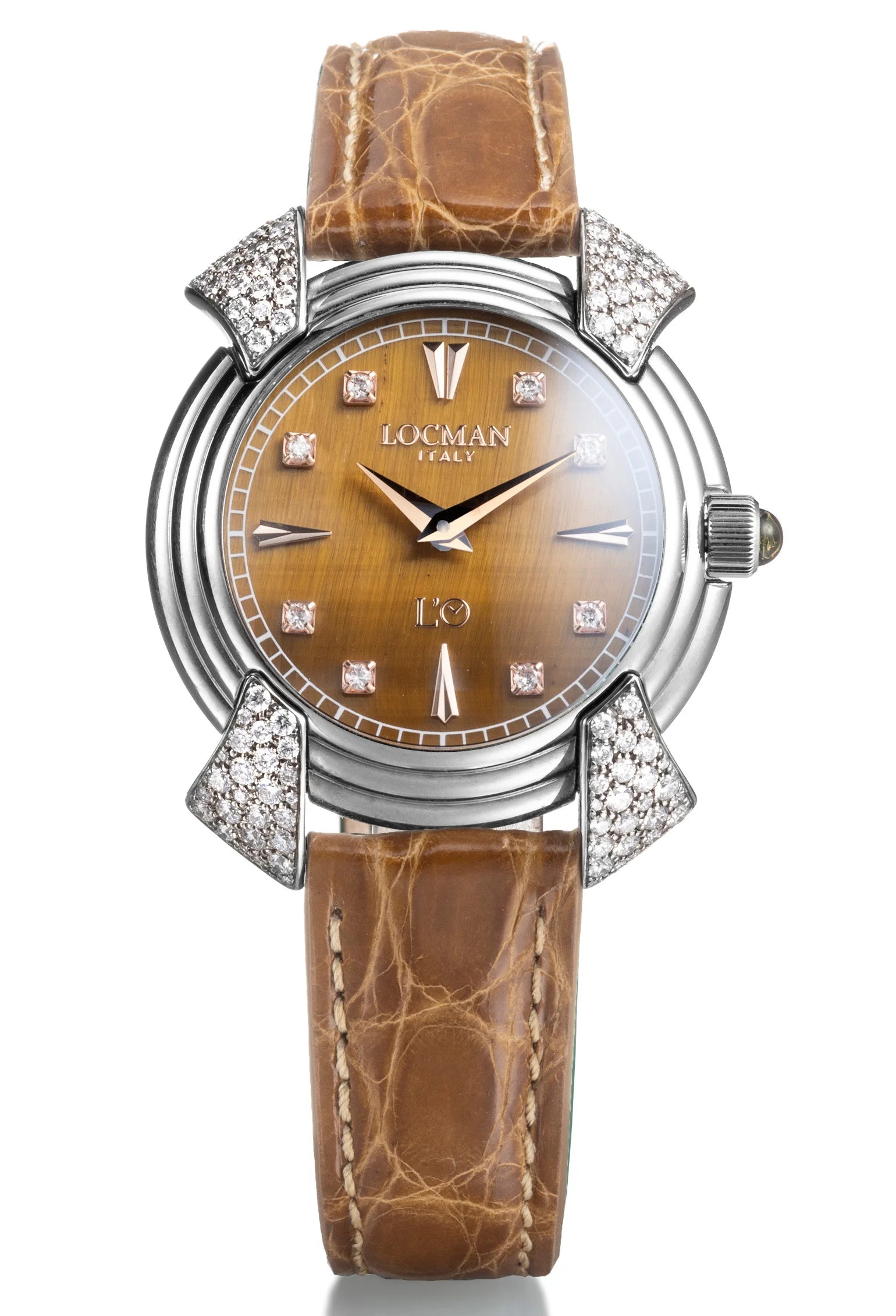 Deimo Ronda Solo Tempo al Quarzo - 35MM - Titanio e Diamanti-Occhio Di Tigre-Alligatore Miele-Indici Rose Gold e Diamanti Applicati