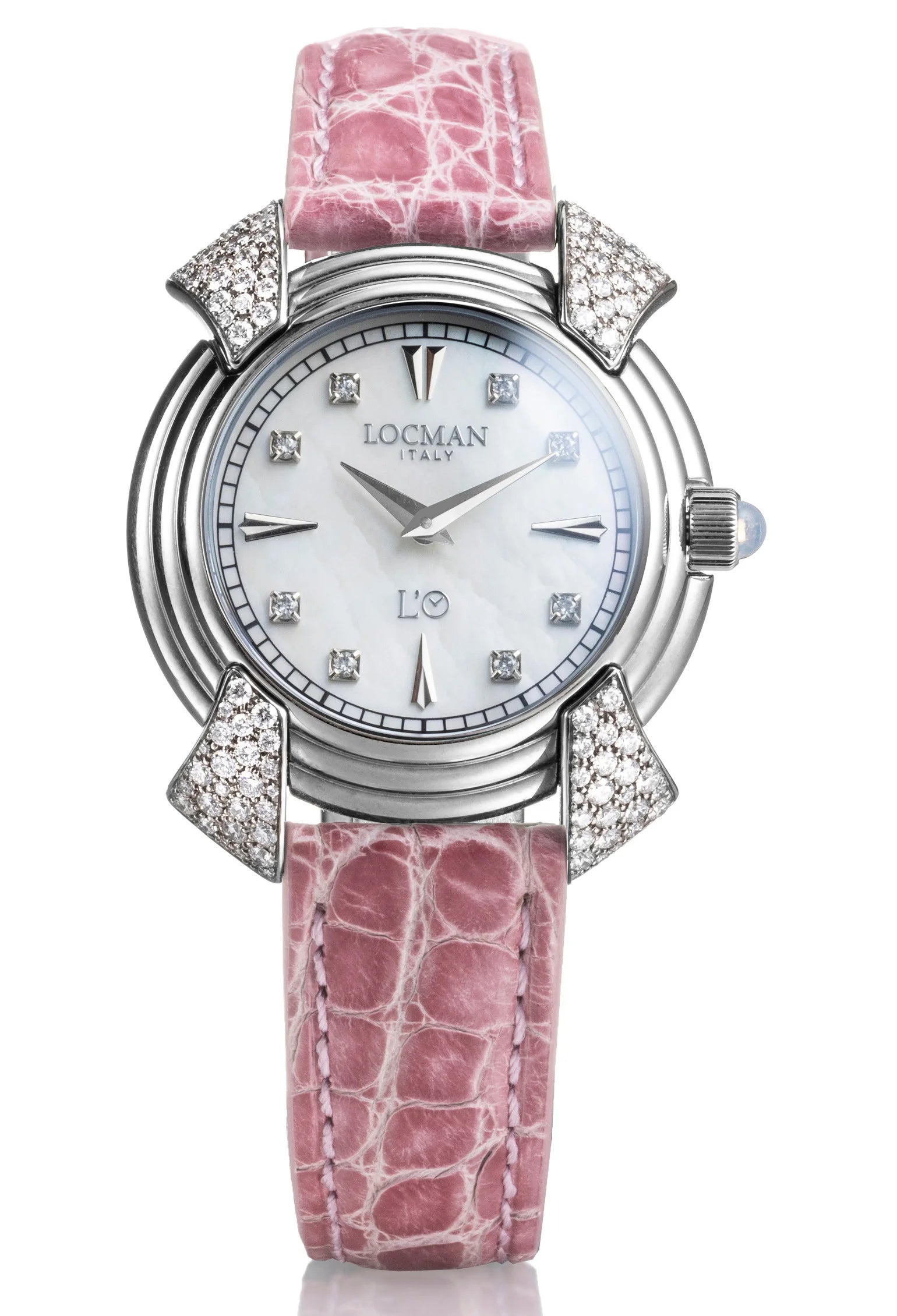 Decimo Ronda Solo Tempo al Quarzo - 35MM - Titanio e Diamanti-Madre Perla Bianca-Alligatore Rosa-Indici Rose Gold Applicati