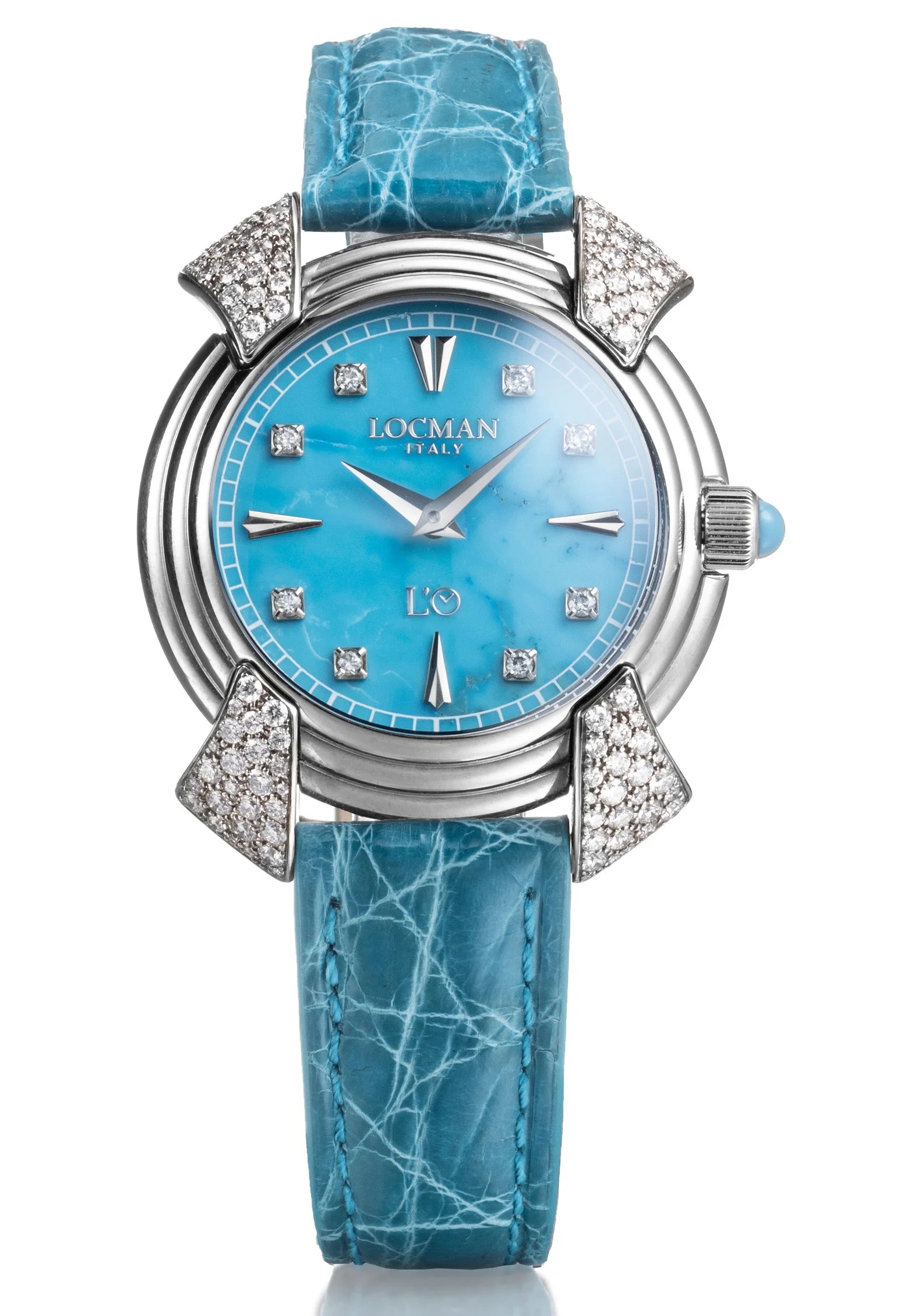 Decimo Ronda Solo Tempo al Quarzo - 35MM - Titanio e Diamanti-Turchese-Alligatore Azzurro-Indici e Diamanti Applicati